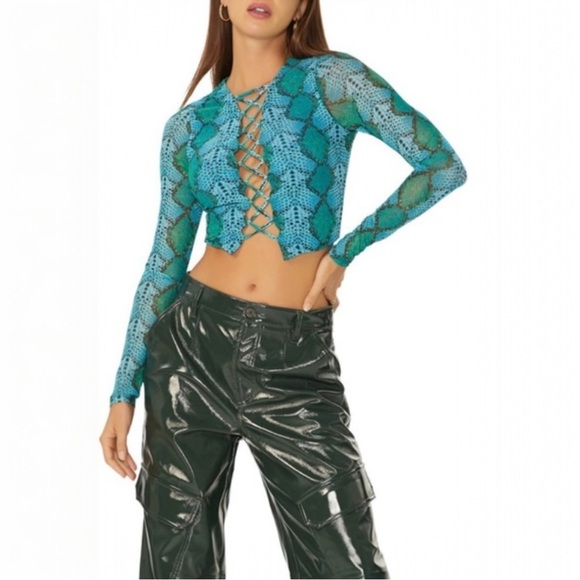 AFRM Tops - AFRM Aida Lace-Up Mesh Snake Print Crop Top